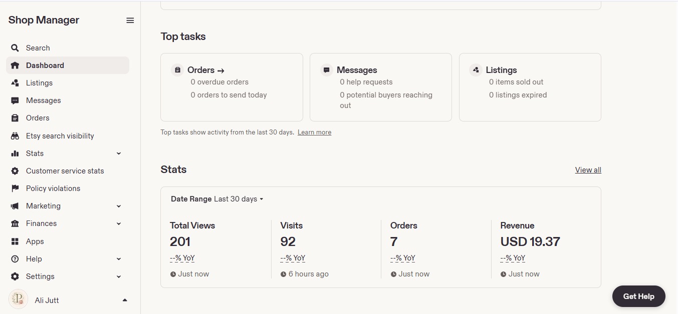 Etsy student dashboard showing 7 orders