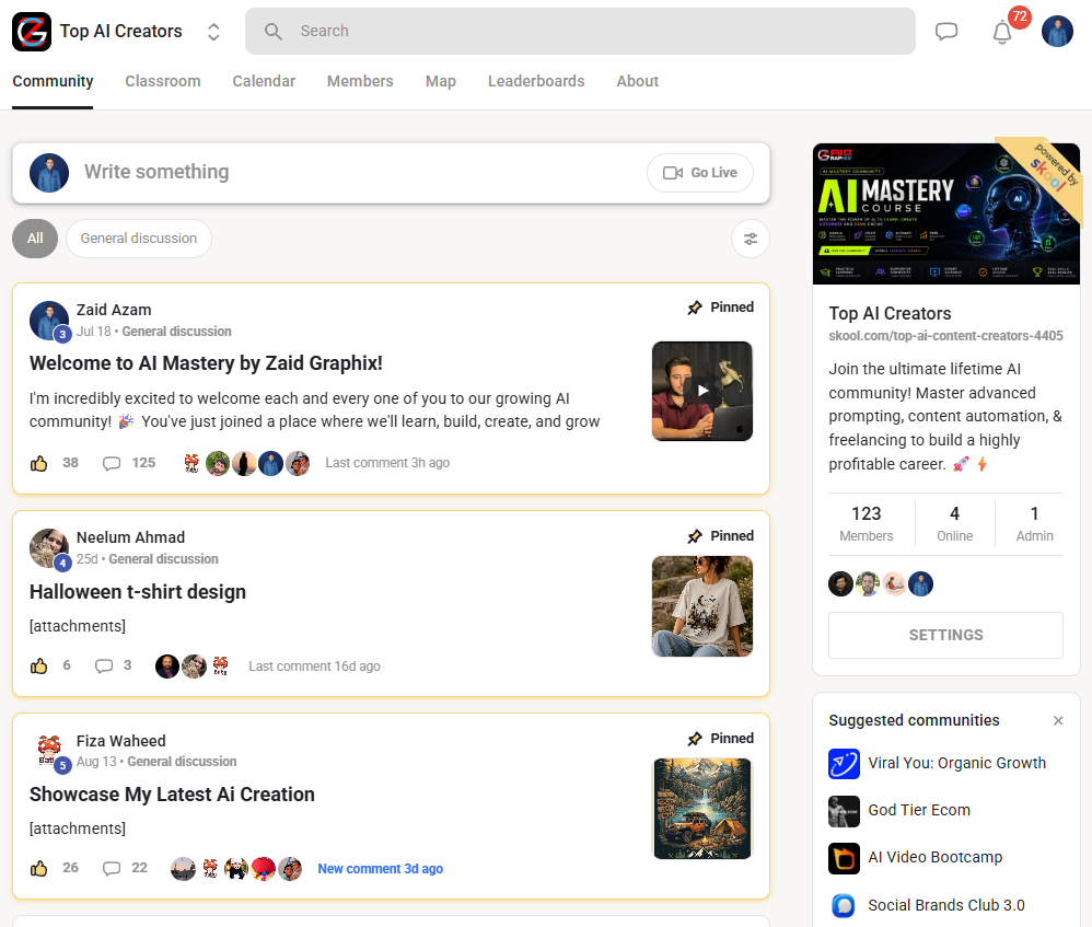 Glimpse of the Top AI Creators Skool community feed with student posts and design showcases
