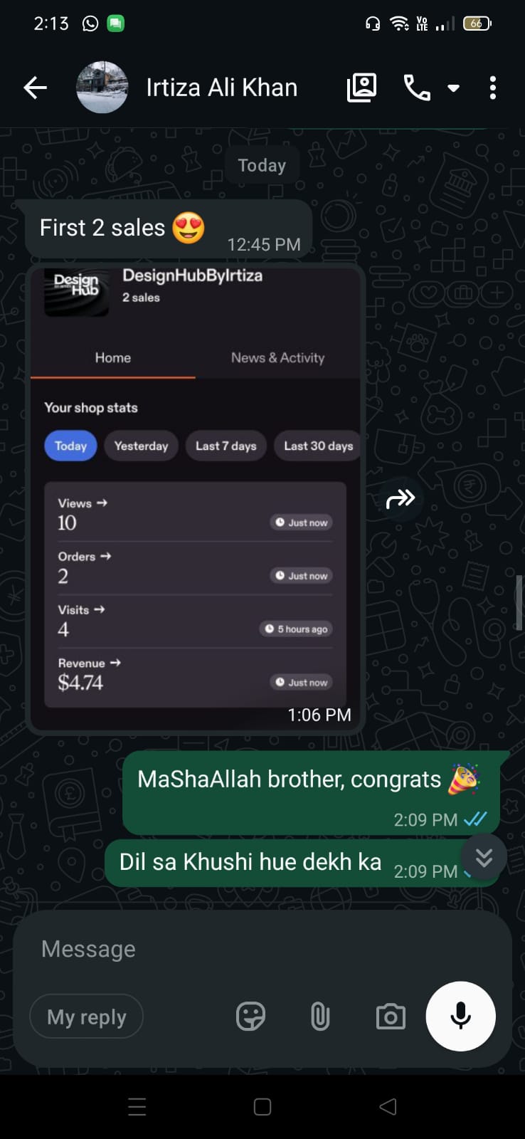 WhatsApp success story from Irtiza Ali Khan celebrating first 2 etsy sales